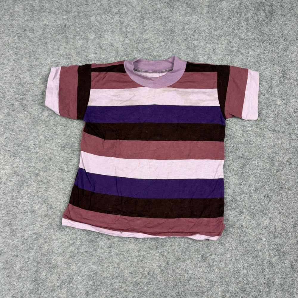 Unbranded Striped T-Shirt Unisex Kids Size S Purple Brown Pink Vintage 90s Style